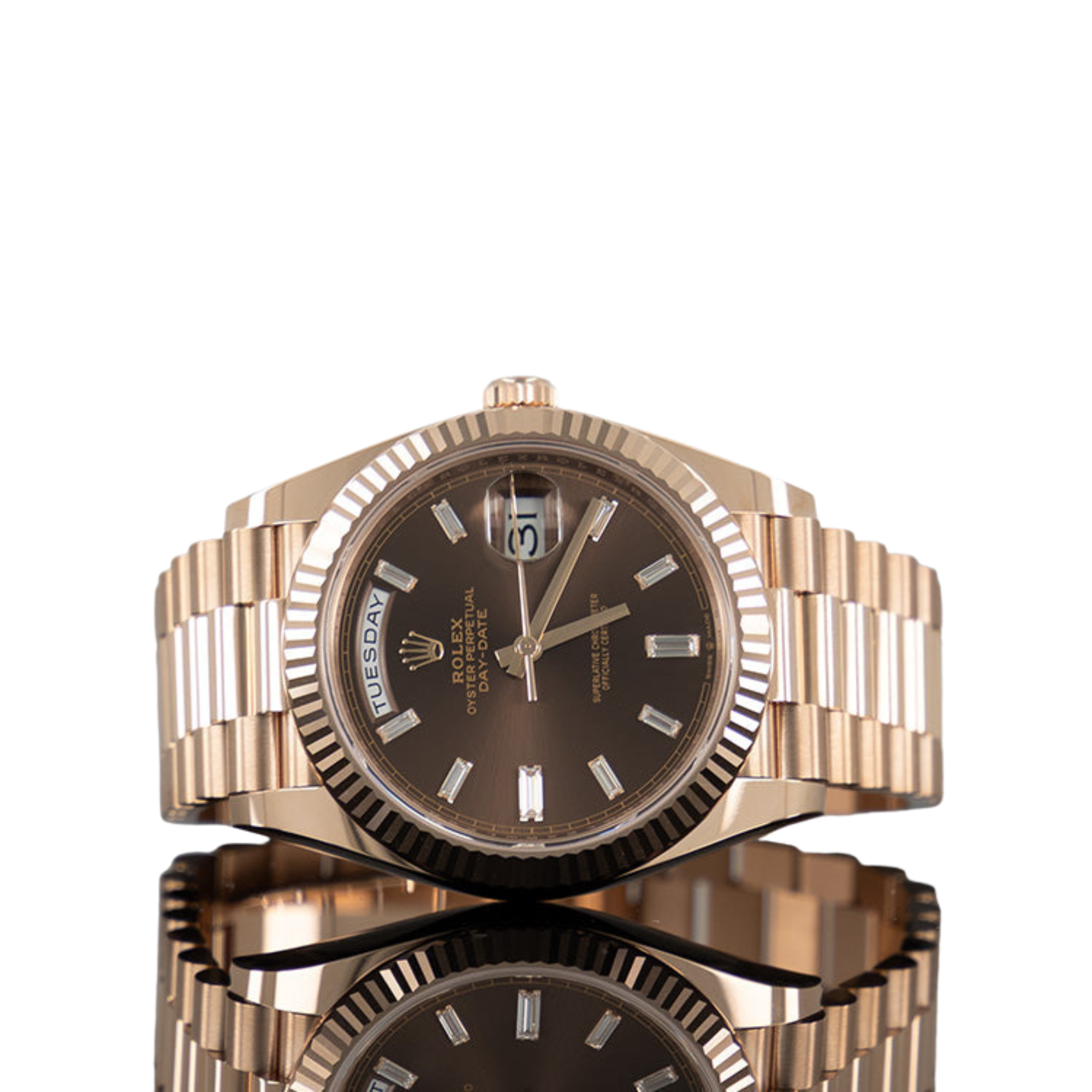Rolex Day-Date 40 Rose Gold Chocolate Baguette Dial