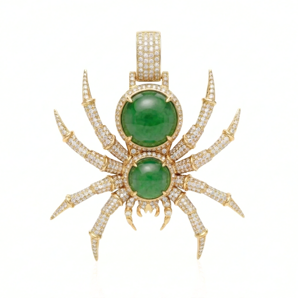 Luxury Spider Pendant | Round Cut Diamonds & Jade in Gold
