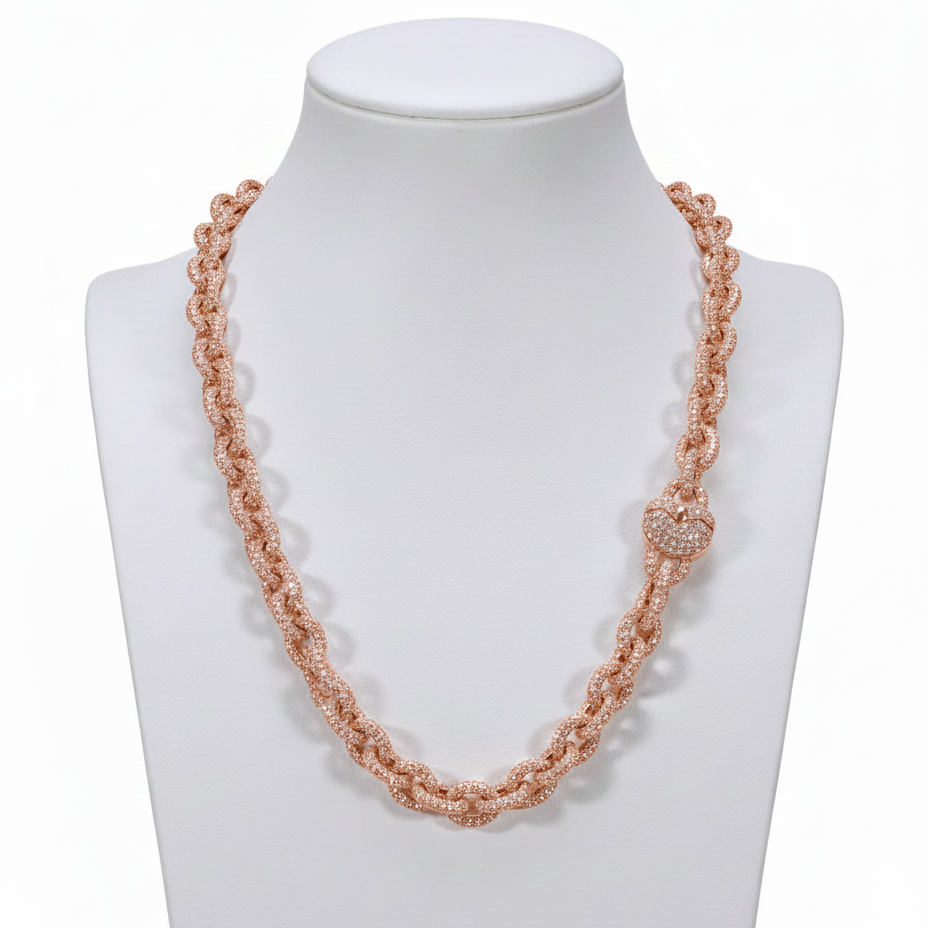Iced Out Round Diamond Cable Link Chain Heart Clasp