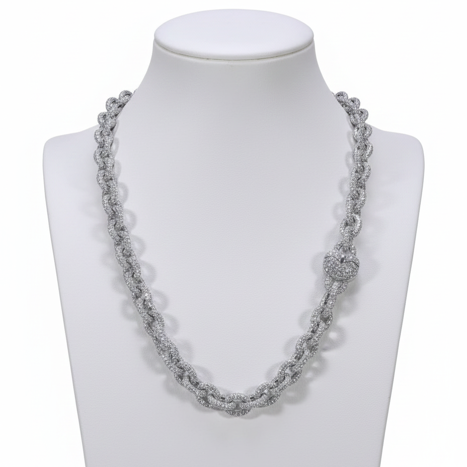 Iced Out Round Diamond Cable Link Chain Heart Clasp