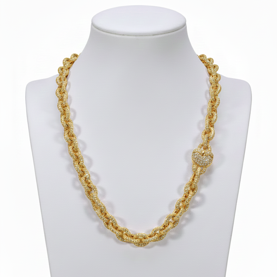 Iced Out Round Diamond Cable Link Chain Heart Clasp