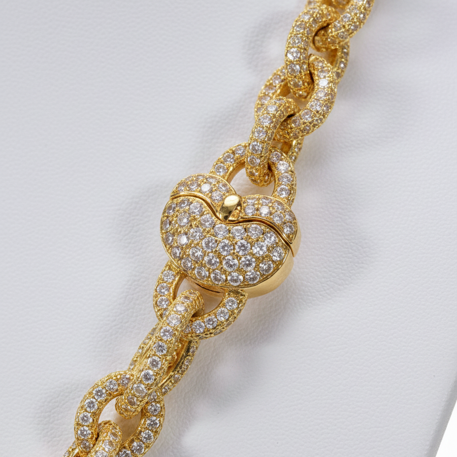 Iced Out Round Diamond Cable Link Chain Heart Clasp